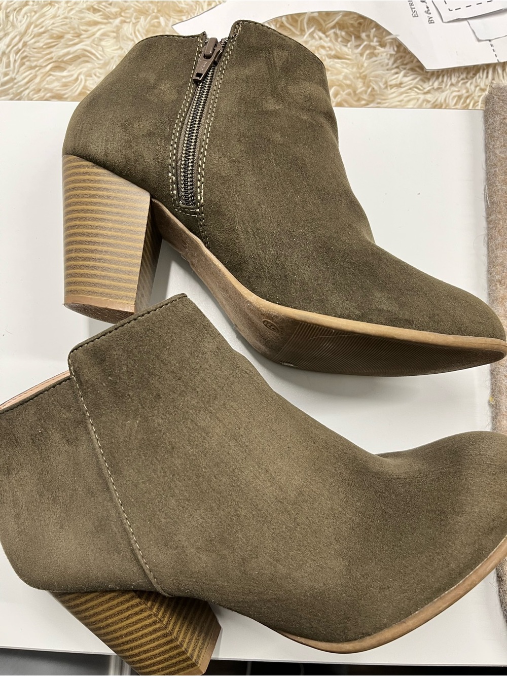 Tan Faux Suede Ankle Booties Block Heel Side Zip Size 9